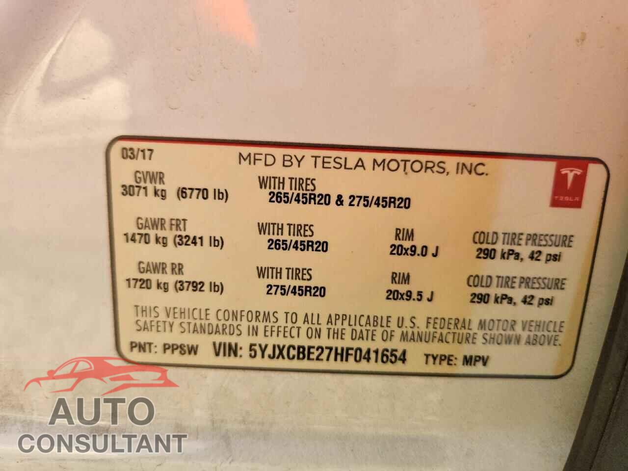 TESLA MODEL X 2017 - 5YJXCBE27HF041654