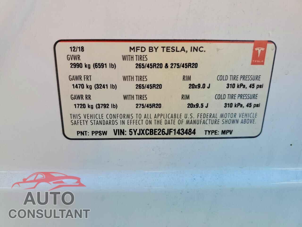 TESLA MODEL X 2018 - 5YJXCBE26JF143484