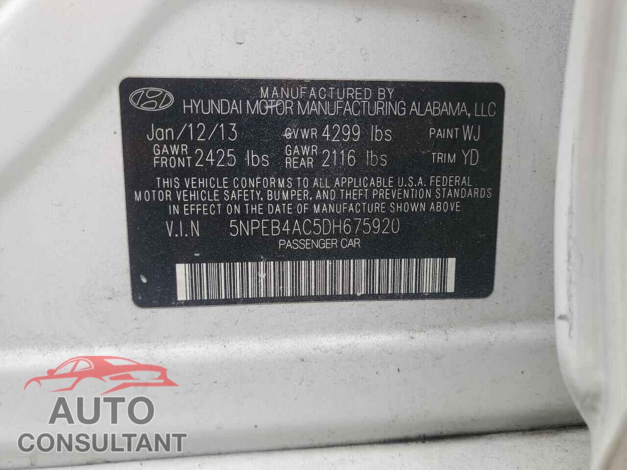 HYUNDAI SONATA 2013 - 5NPEB4AC5DH675920