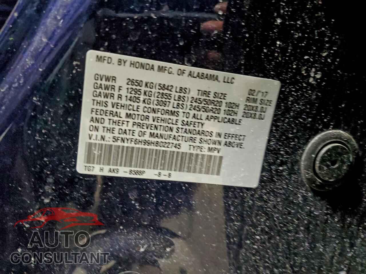 HONDA PILOT 2017 - 5FNYF6H99HB022745