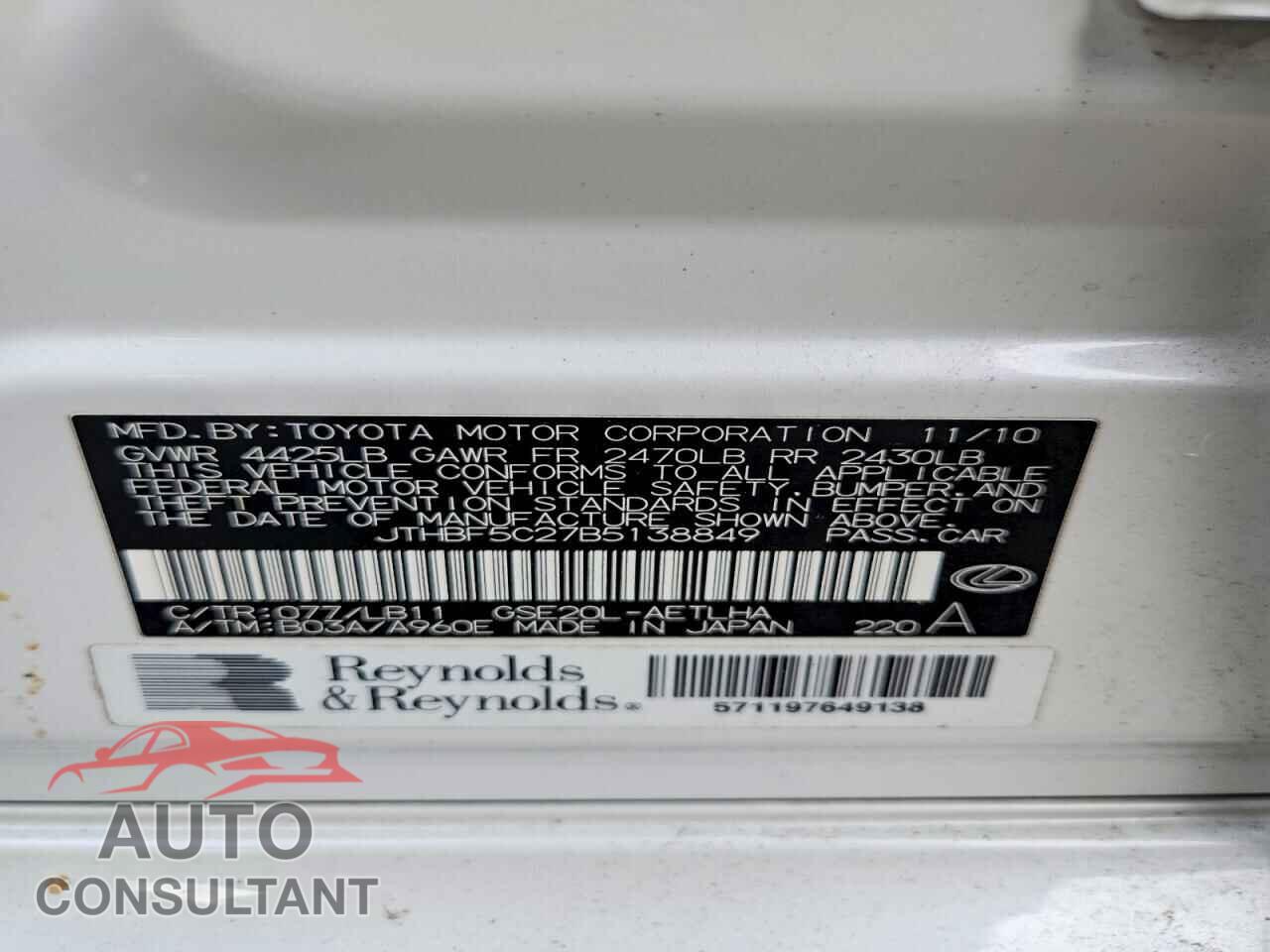 LEXUS IS 2011 - JTHBF5C27B5138849