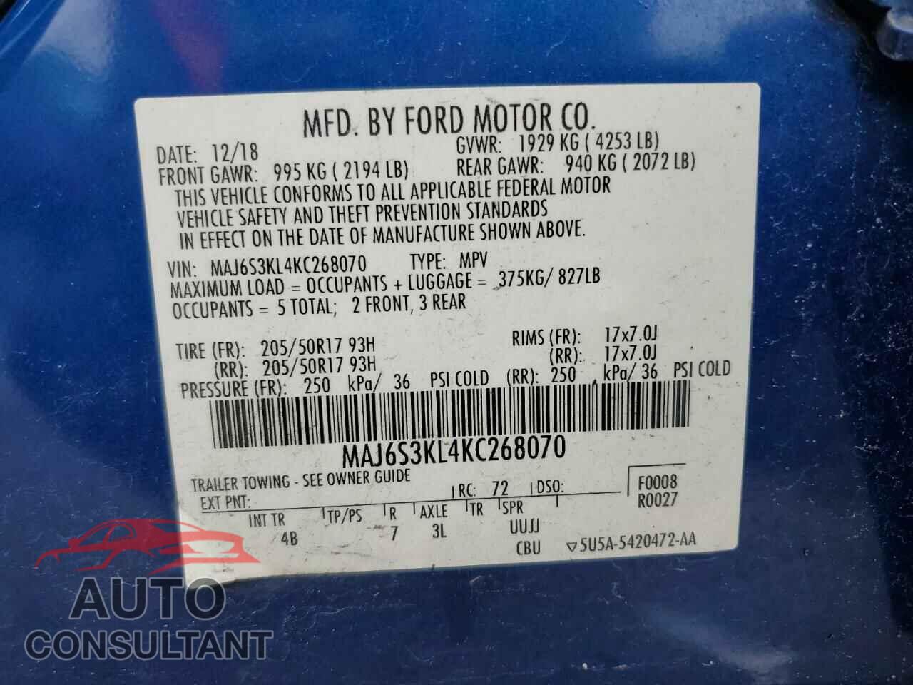 FORD ECOSPORT 2019 - MAJ6S3KL4KC268070