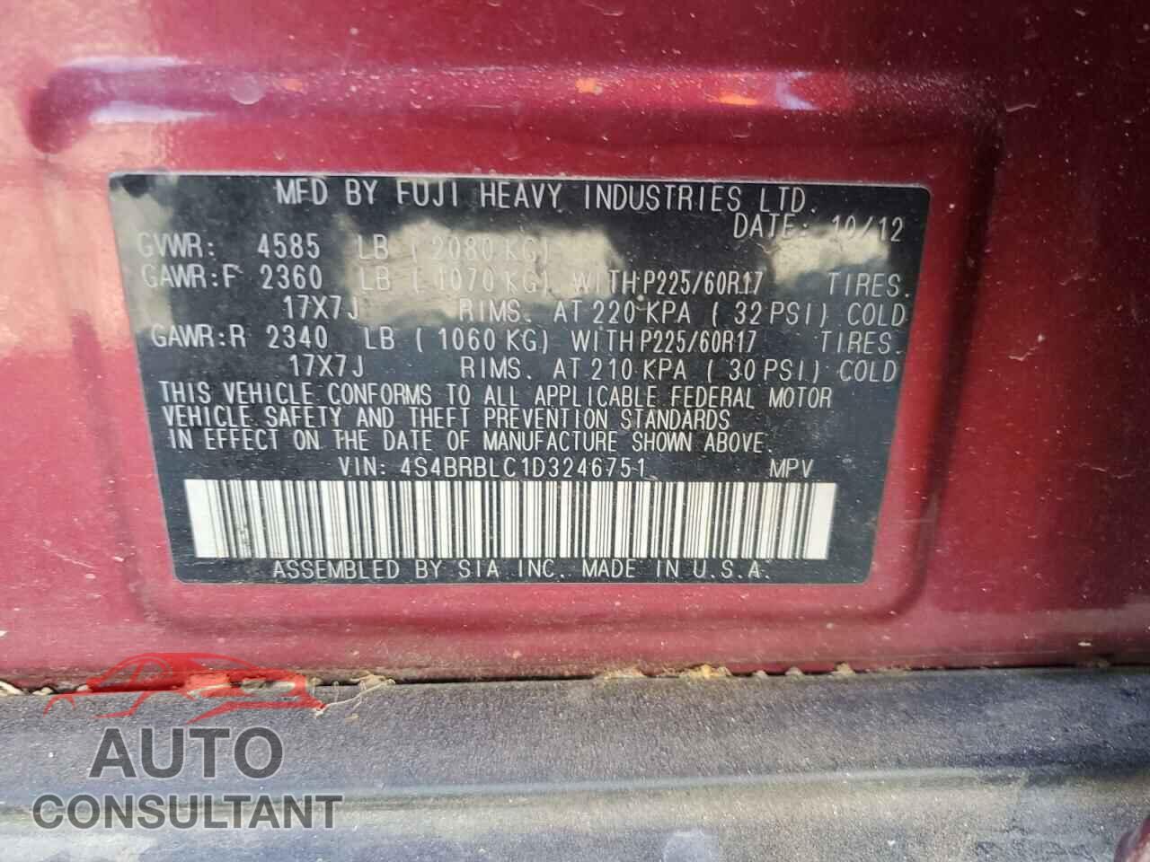 SUBARU OUTBACK 2013 - 4S4BRBLC1D3246751