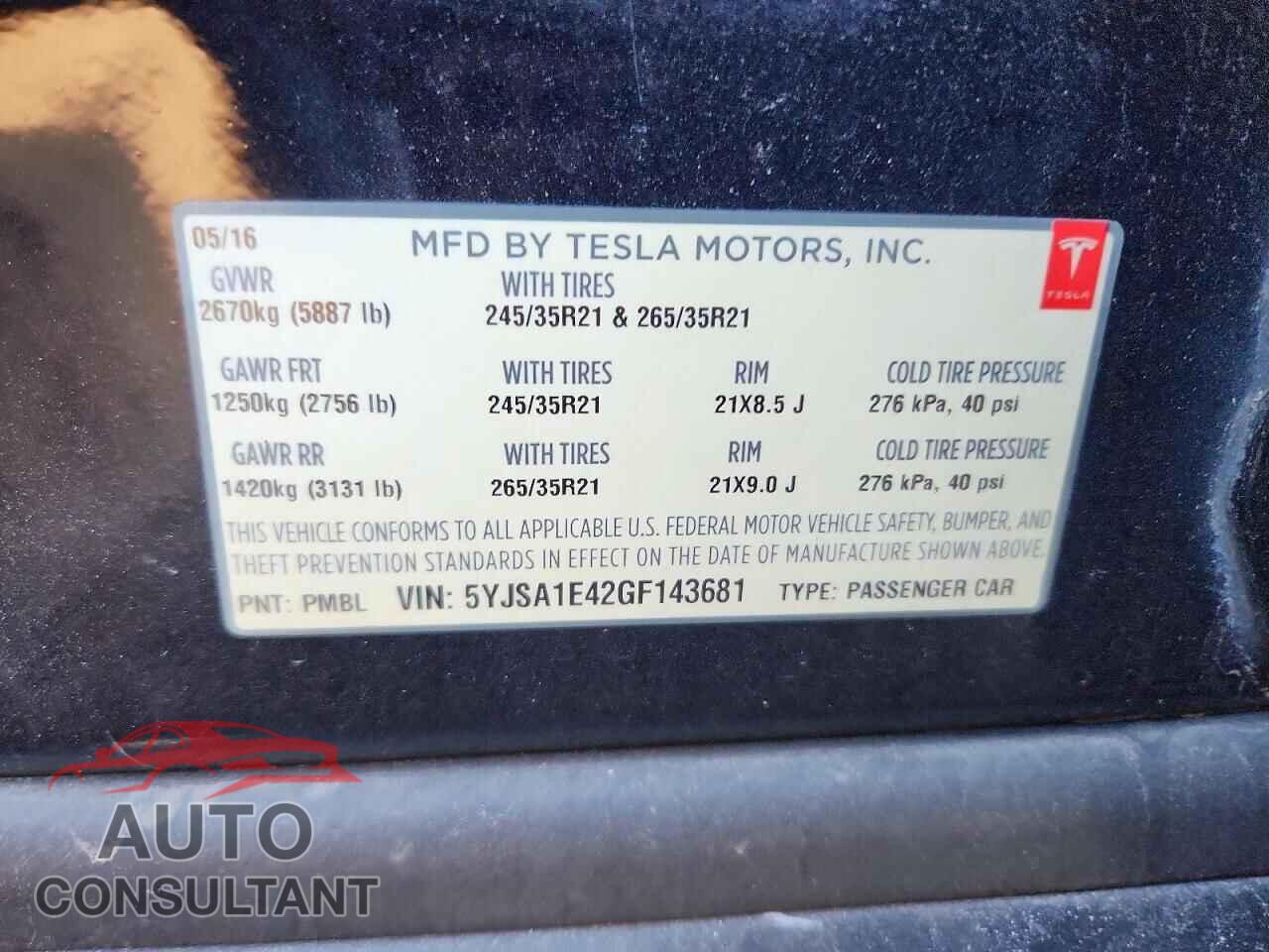 TESLA MODEL S 2016 - 5YJSA1E42GF143681