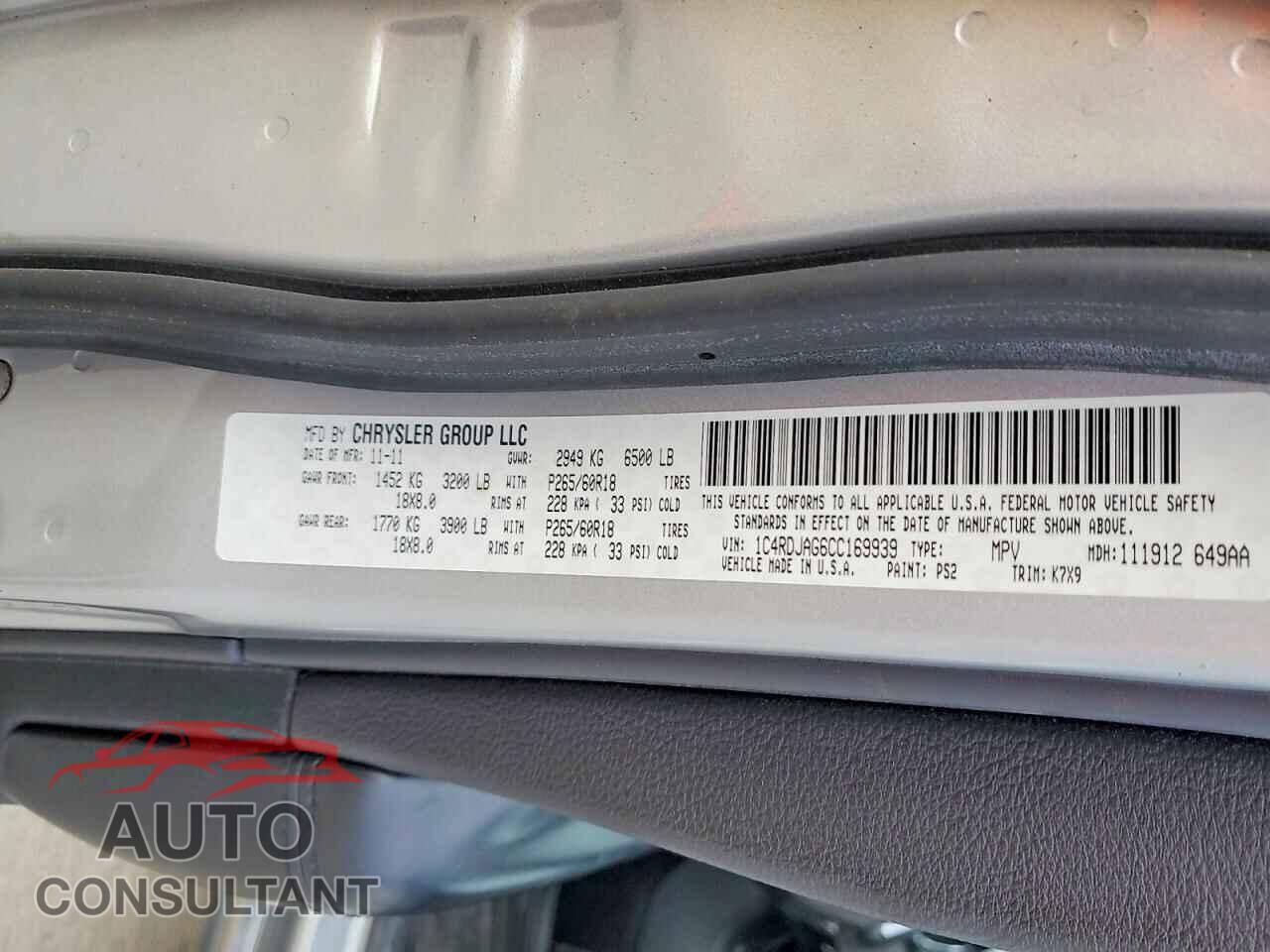DODGE DURANGO 2012 - 1C4RDJAG6CC169939