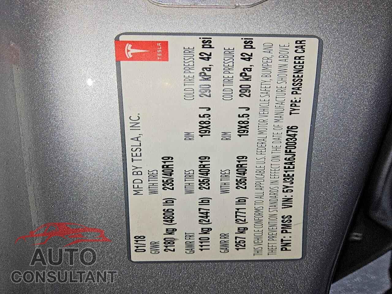 TESLA MODEL 3 2018 - 5YJ3E1EA6JF003476