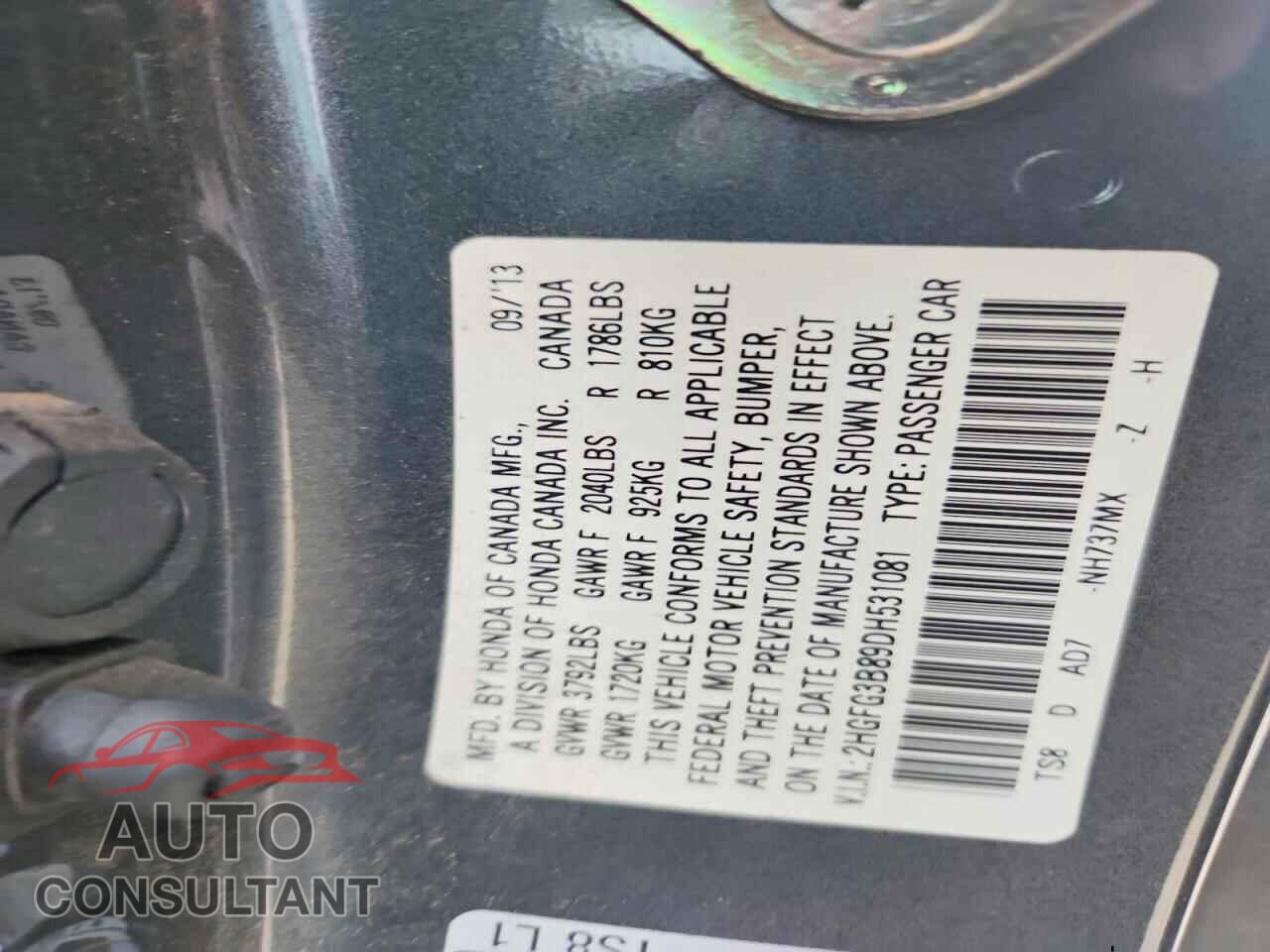 HONDA CIVIC 2013 - 2HGFG3B89DH531081
