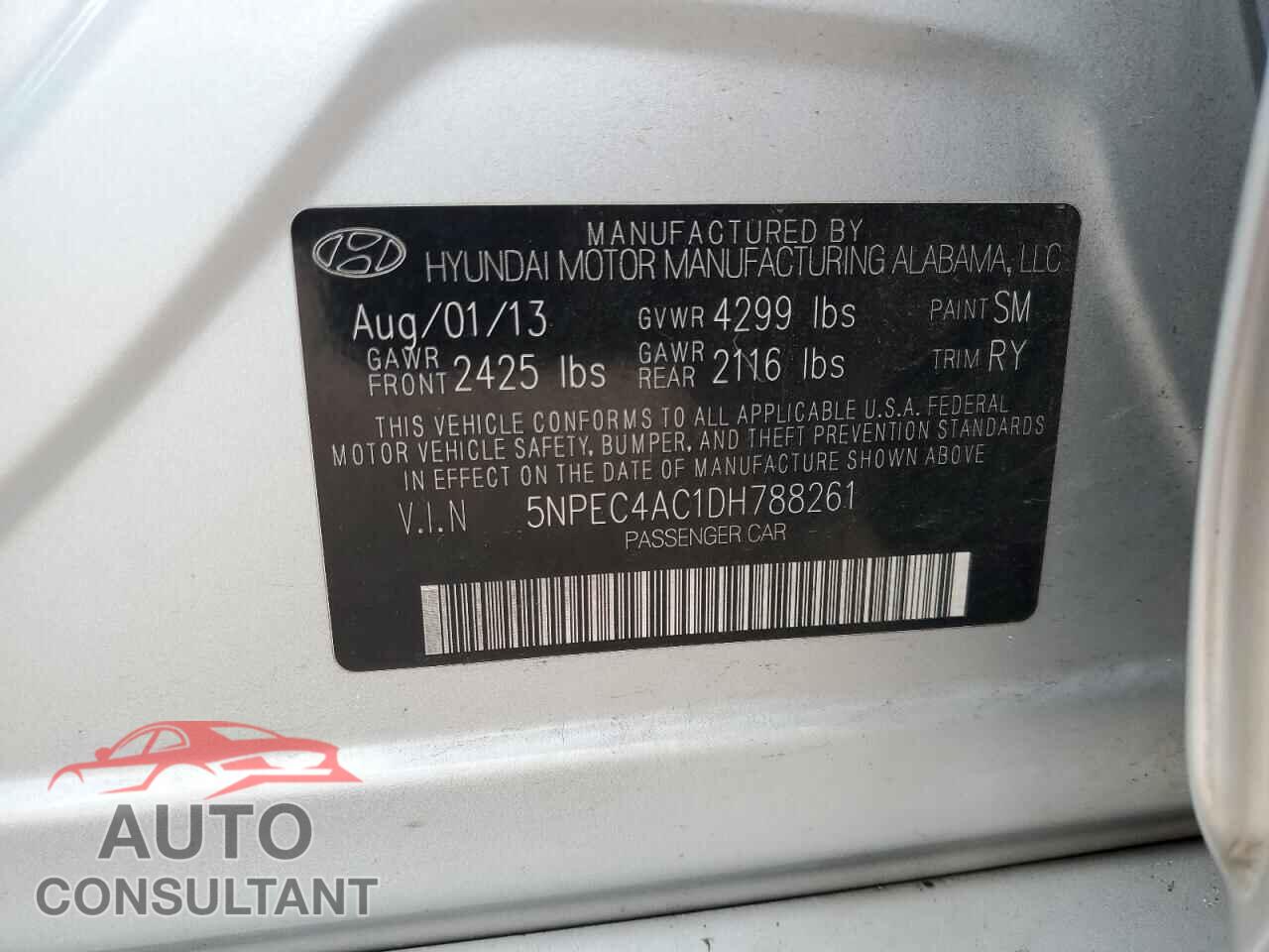 HYUNDAI SONATA 2013 - 5NPEC4AC1DH788261