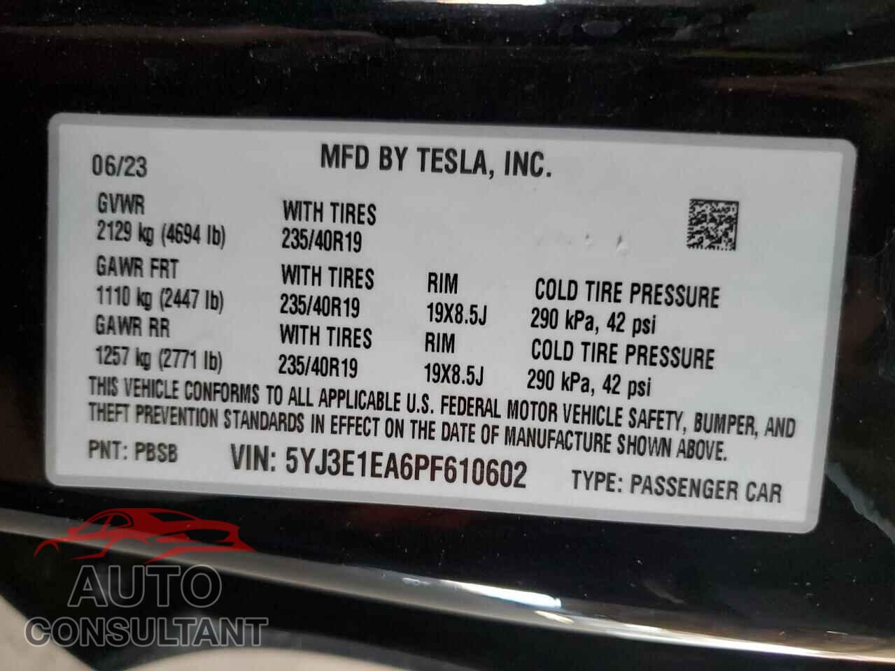 TESLA MODEL 3 2023 - 5YJ3E1EA6PF610602