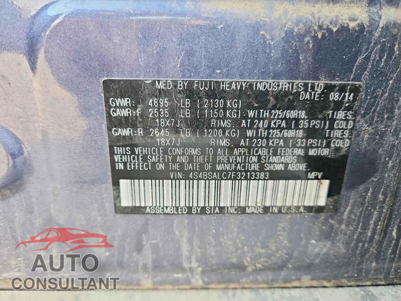 SUBARU OUTBACK 2015 - 4S4BSALC7F3213383