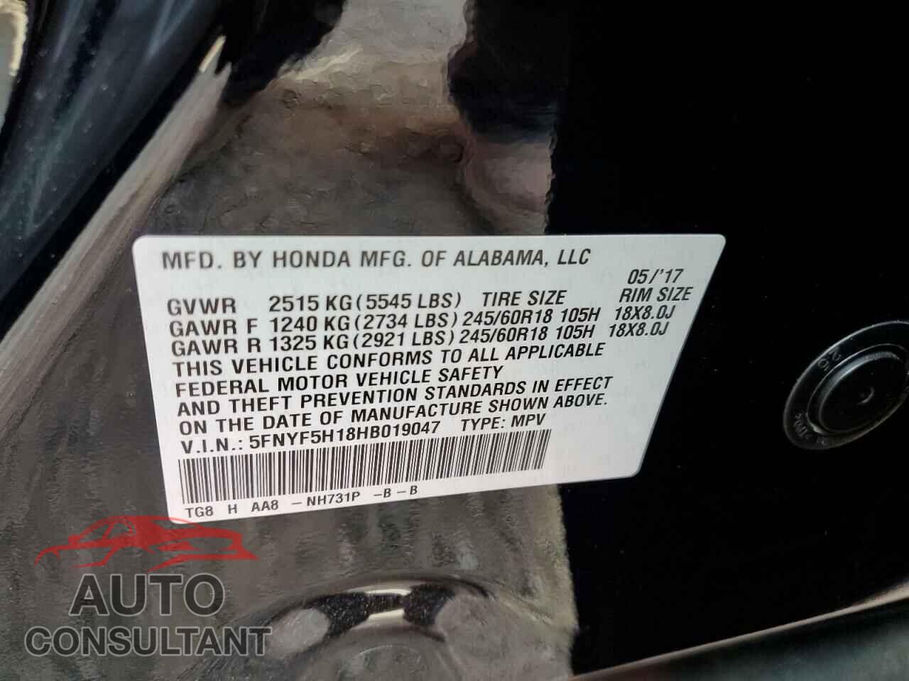 HONDA PILOT 2017 - 5FNYF5H18HB019047