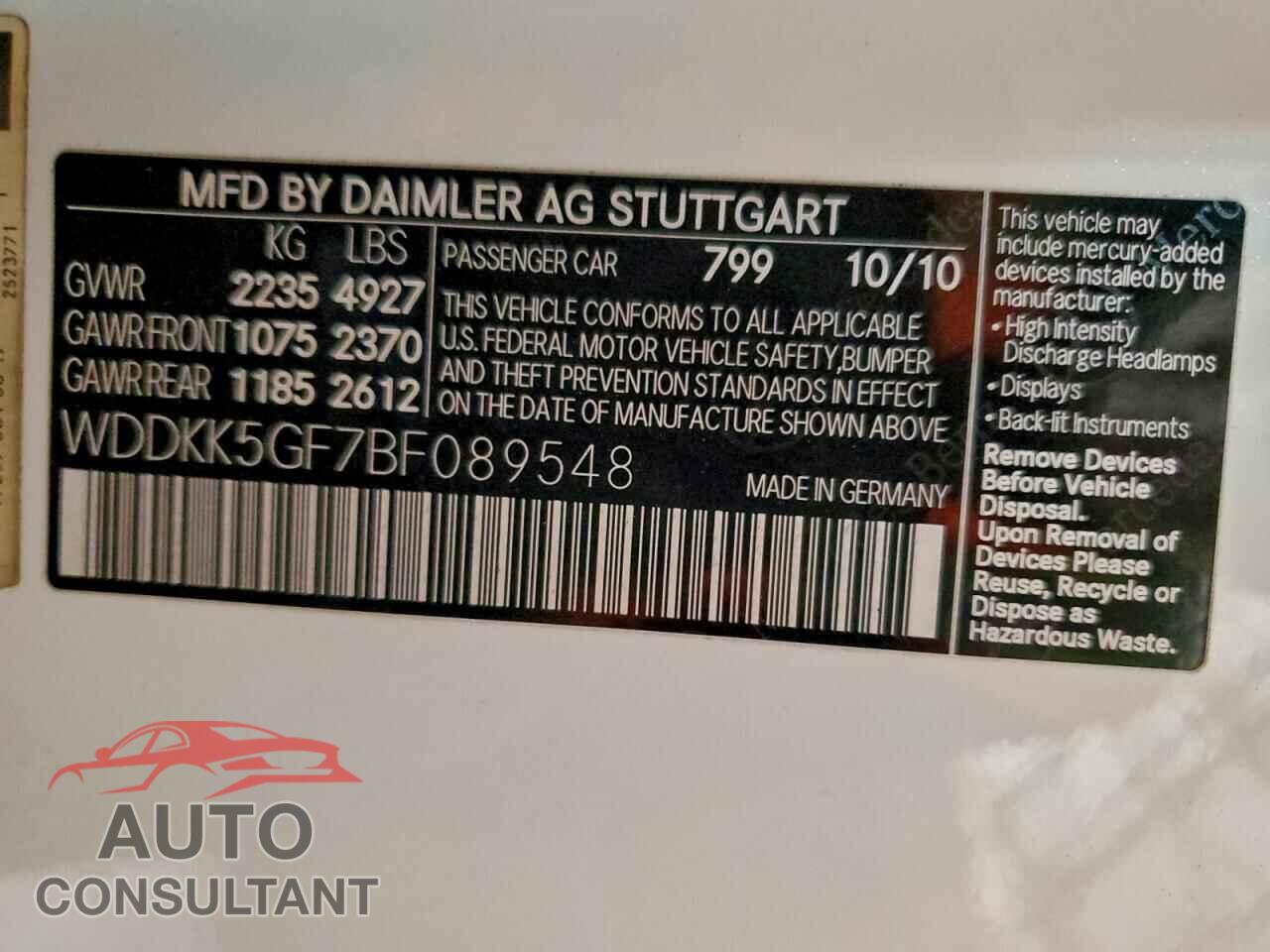 MERCEDES-BENZ E-CLASS 2011 - WDDKK5GF7BF089548