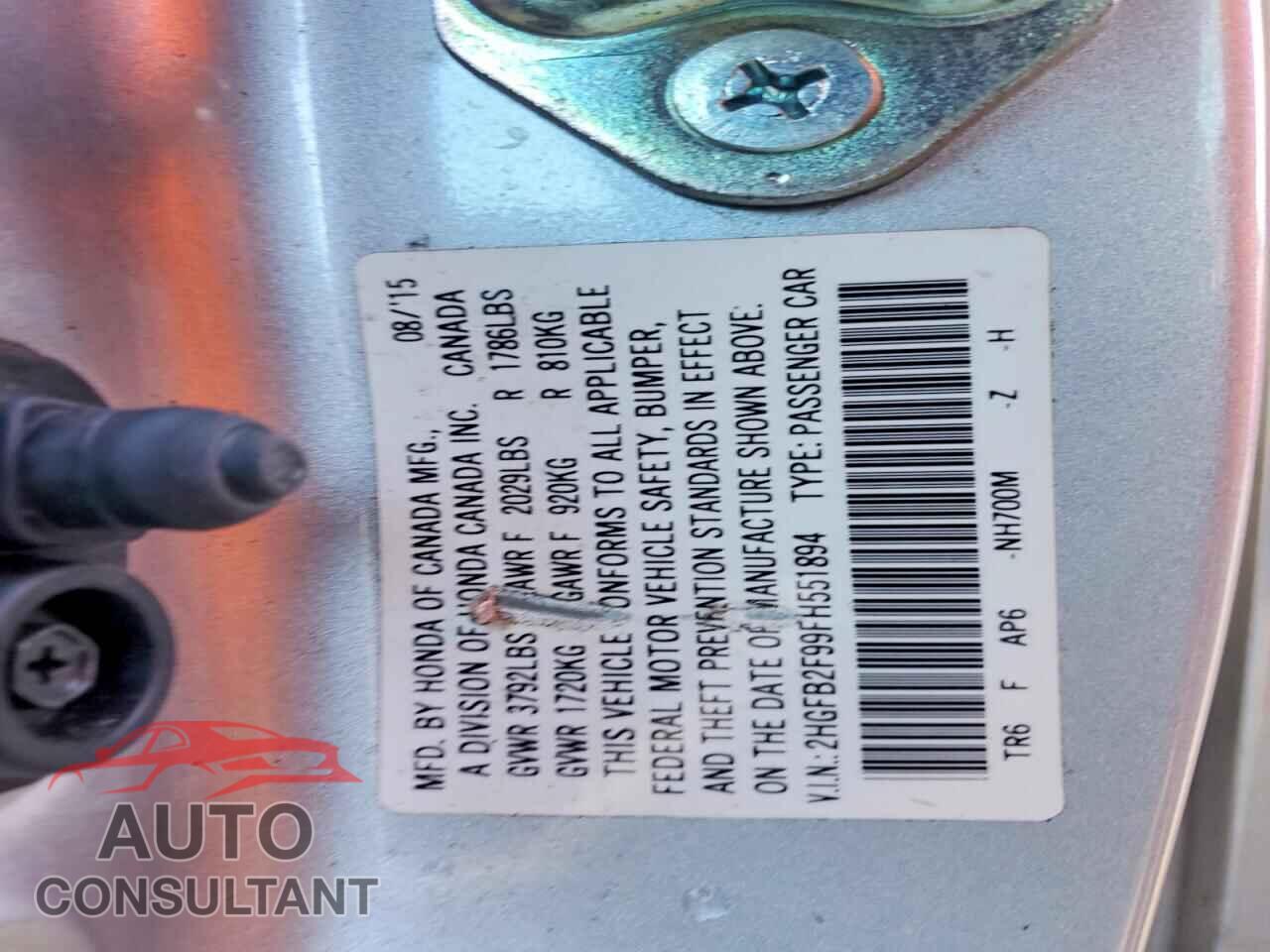 HONDA CIVIC 2015 - 2HGFB2F99FH551894