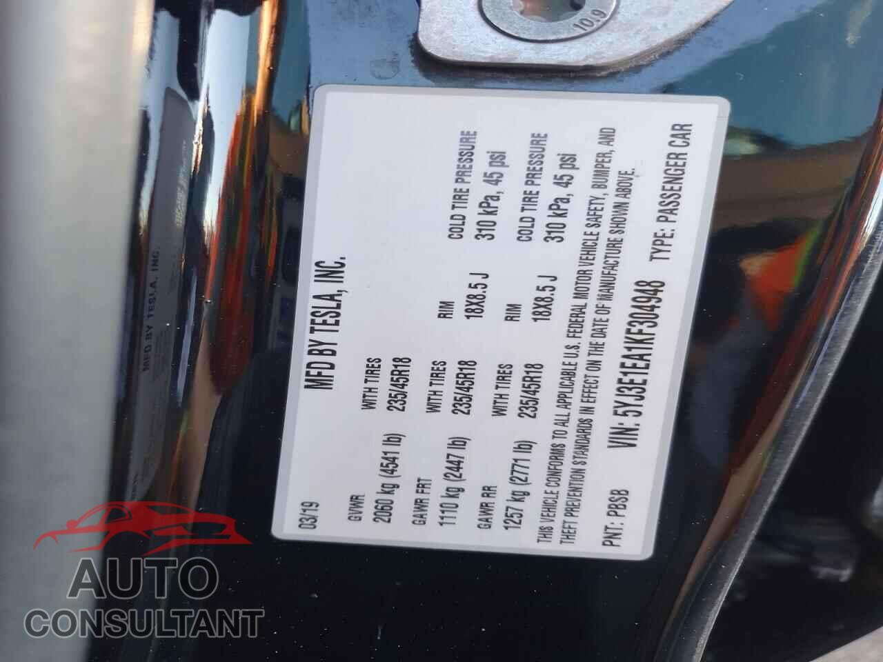 TESLA MODEL 3 2019 - 5YJ3E1EA1KF304948
