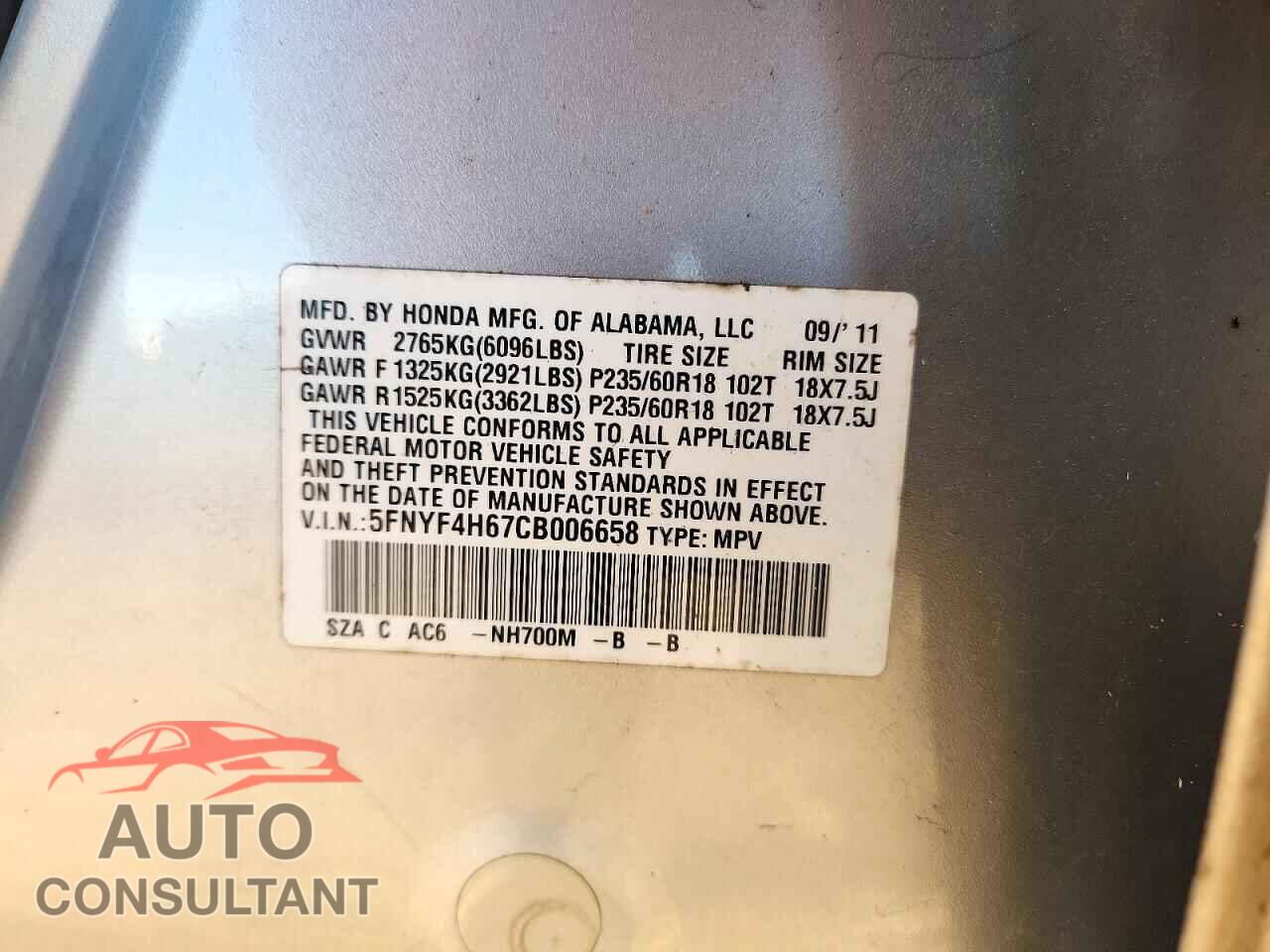 HONDA PILOT 2012 - 5FNYF4H67CB006658
