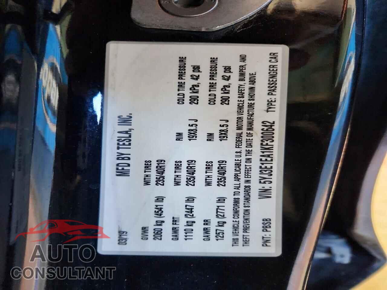 TESLA MODEL 3 2019 - 5YJ3E1EA1KF300642