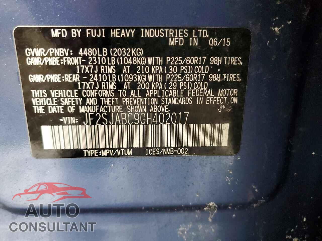 SUBARU FORESTER 2016 - JF2SJABC9GH402017