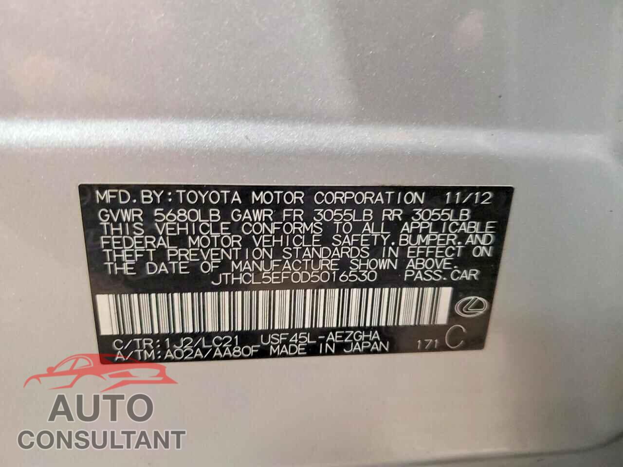 LEXUS LS460 2013 - JTHCL5EF0D5016530