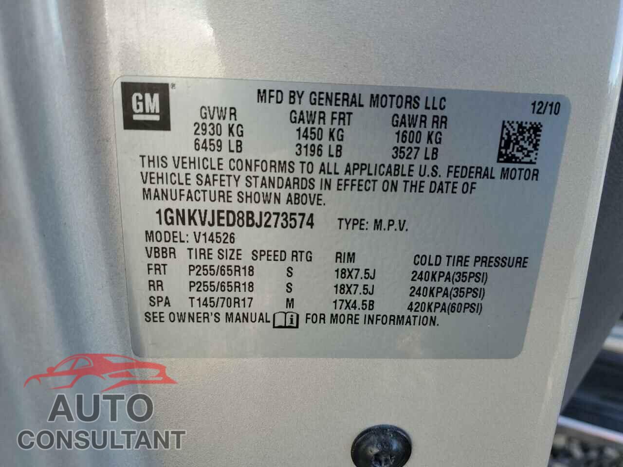 CHEVROLET TRAVERSE 2011 - 1GNKVJED8BJ273574