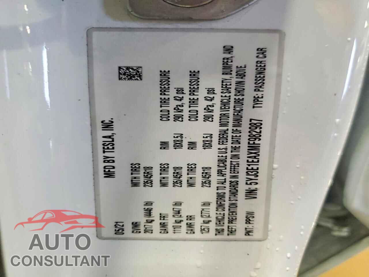 TESLA MODEL 3 2021 - 5YJ3E1EAXMF982987