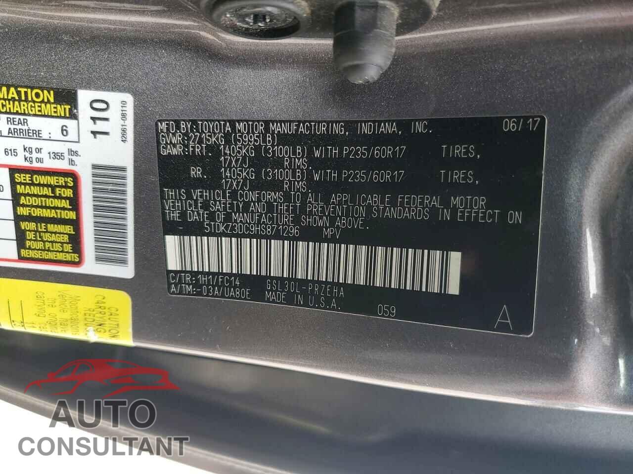 TOYOTA SIENNA 2017 - 5TDKZ3DC9HS871296