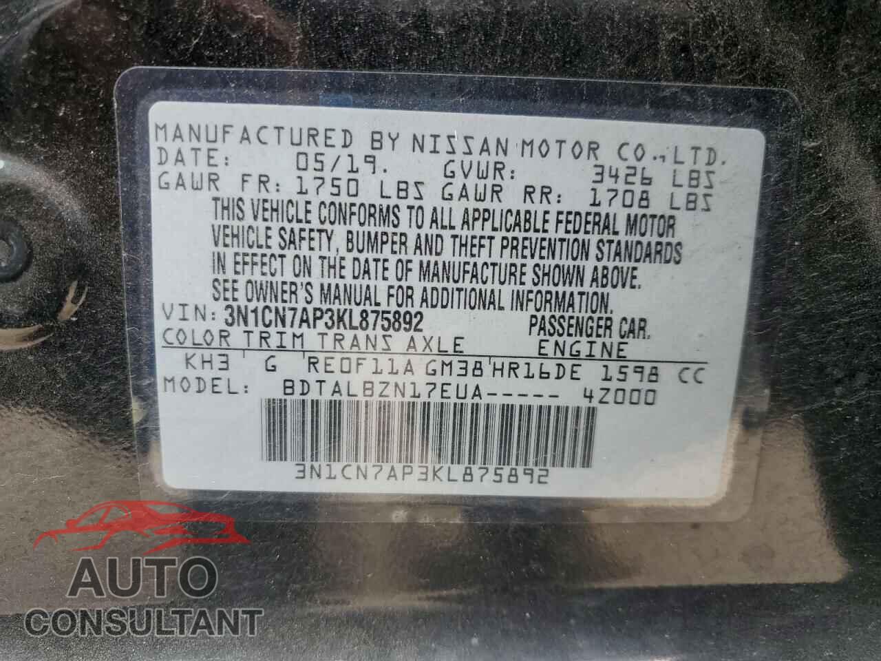 NISSAN VERSA 2019 - 3N1CN7AP3KL875892