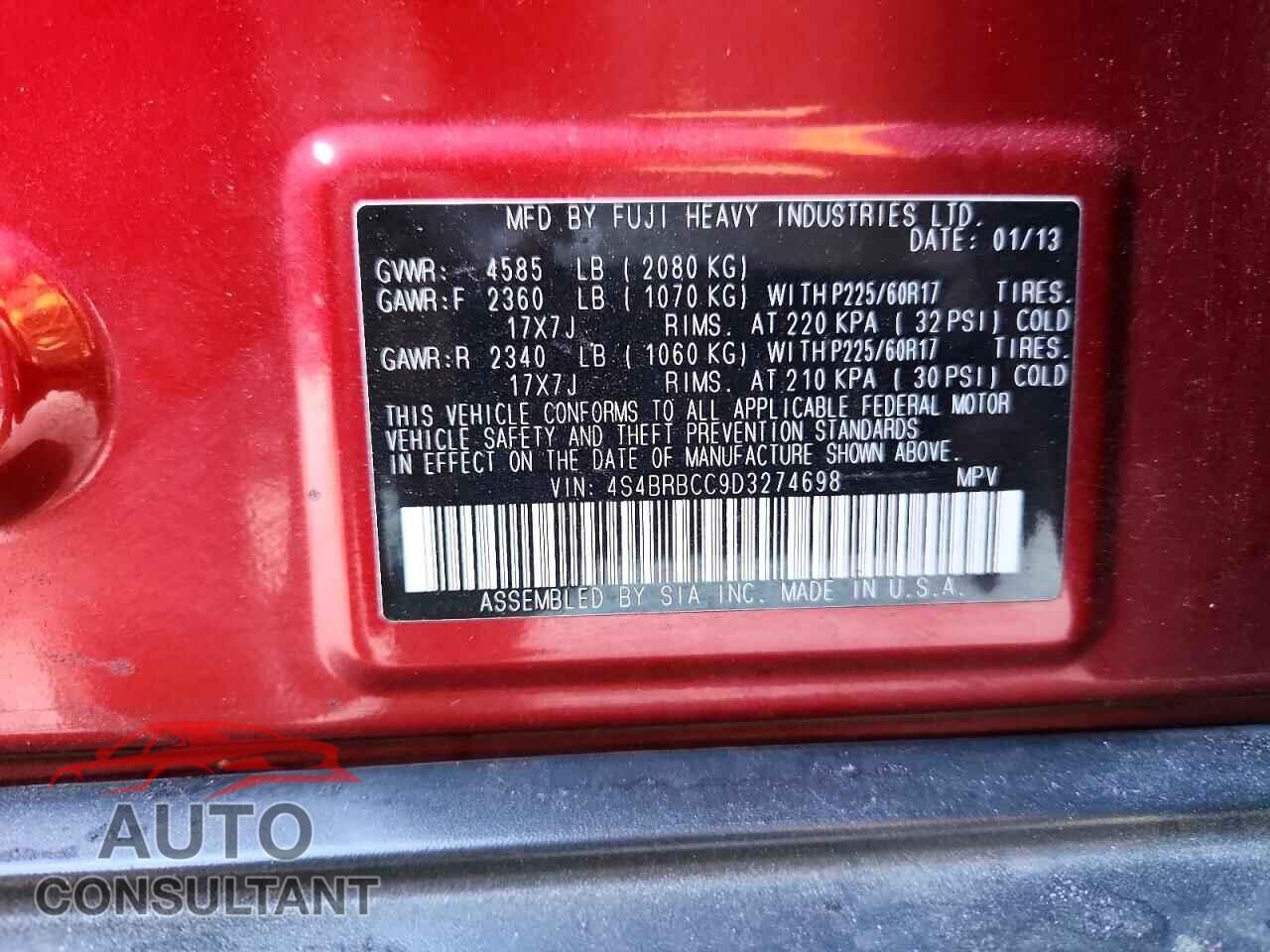 SUBARU OUTBACK 2013 - 4S4BRBCC9D3274698