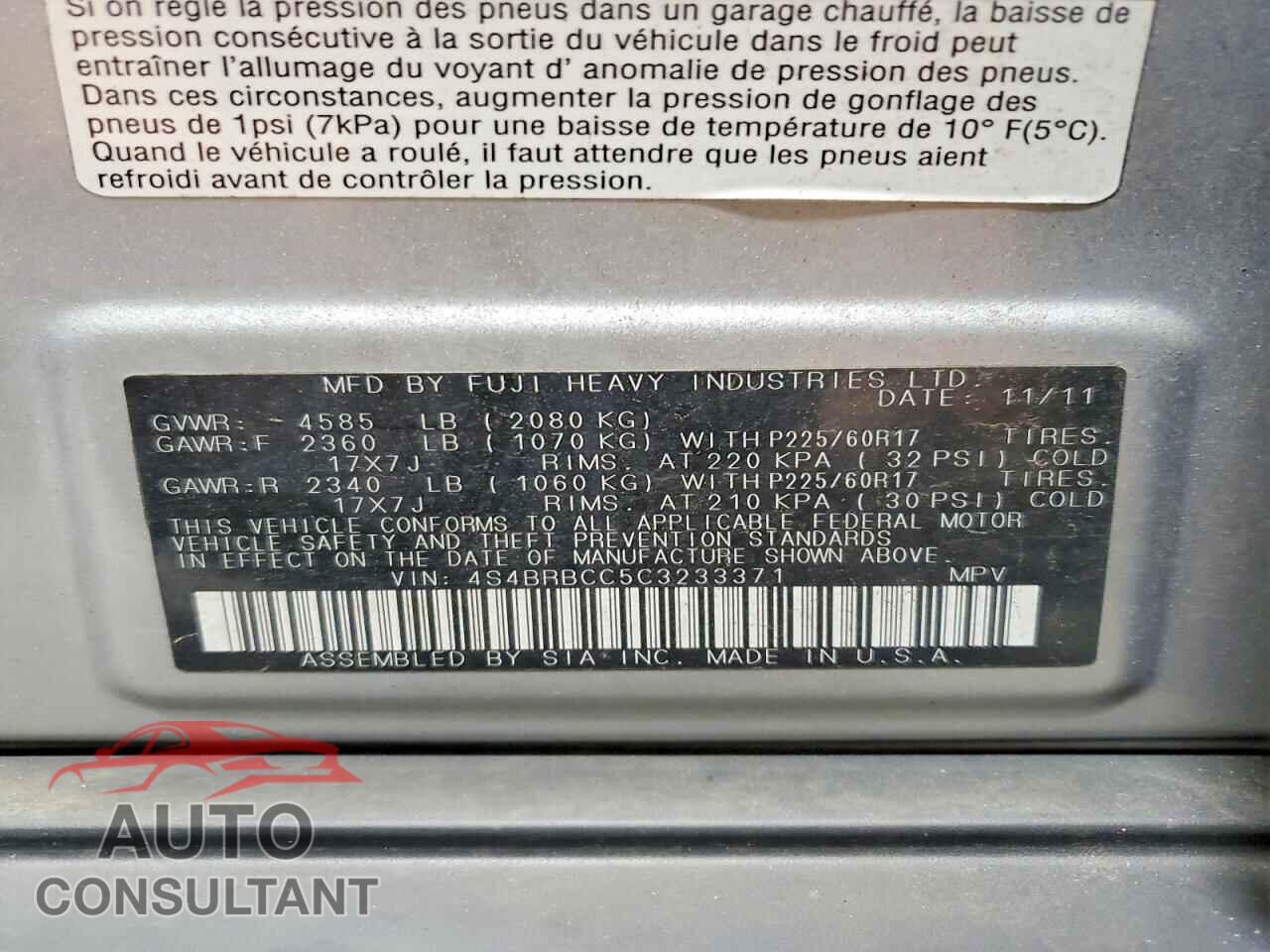 SUBARU OUTBACK 2012 - 4S4BRBCC5C3233371