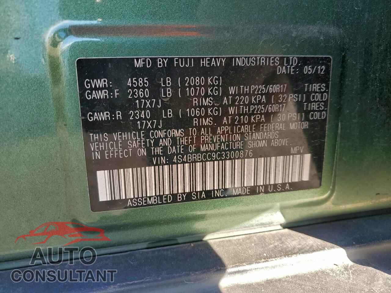 SUBARU OUTBACK 2012 - 4S4BRBCC9C3300876