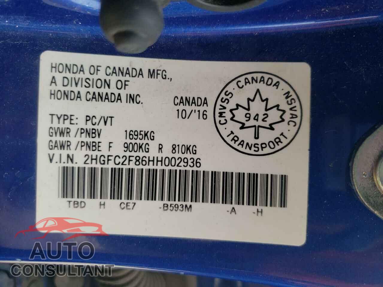 HONDA CIVIC 2017 - 2HGFC2F86HH002936