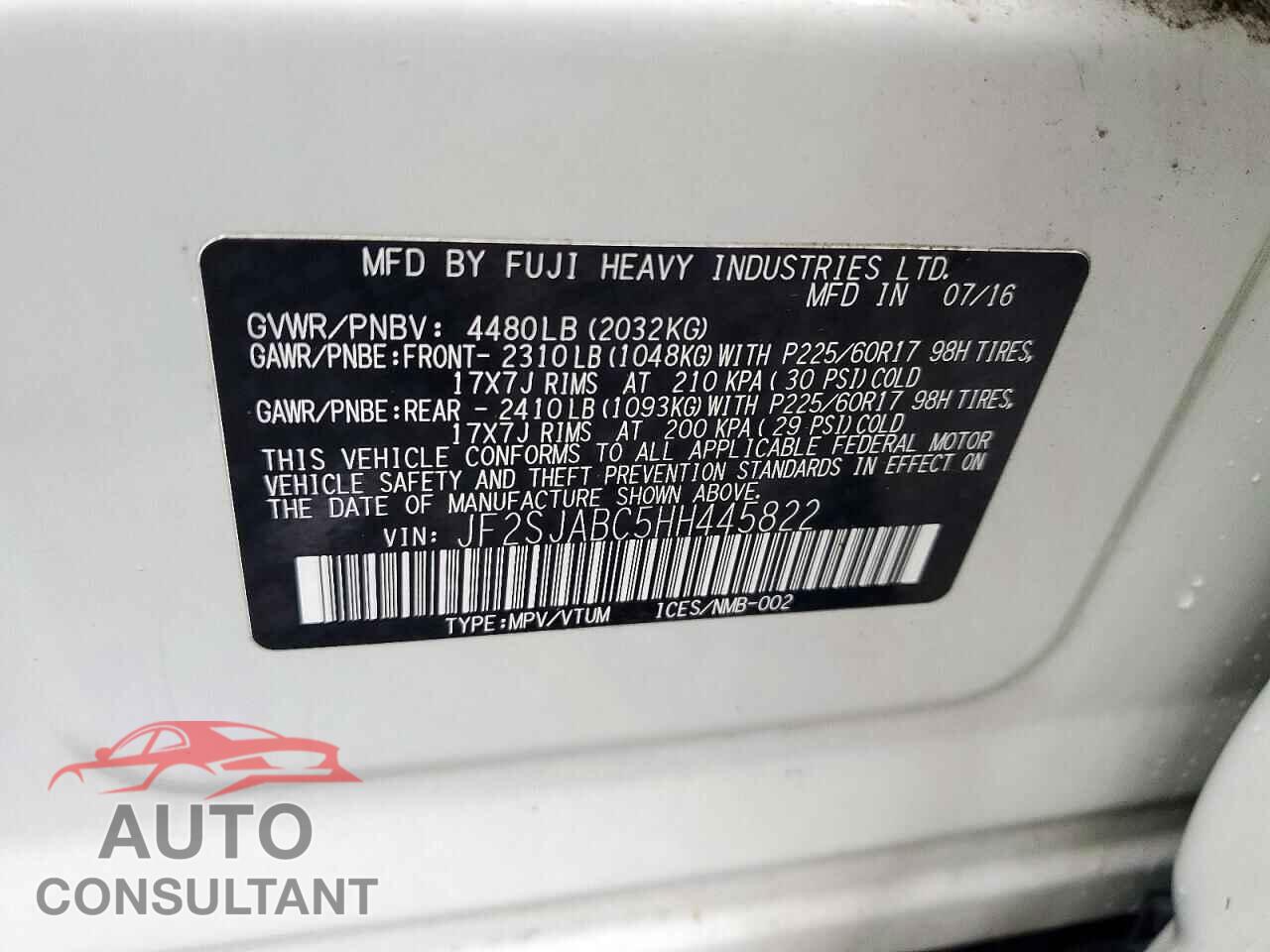 SUBARU FORESTER 2017 - JF2SJABC5HH445822