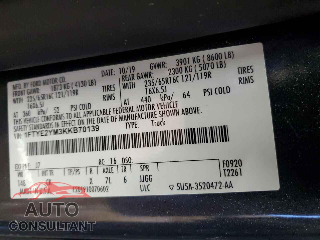 FORD TRANSIT 2019 - 1FTYE2YM3KKB70139