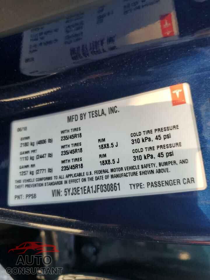 TESLA MODEL 3 2018 - 5YJ3E1EA1JF030861