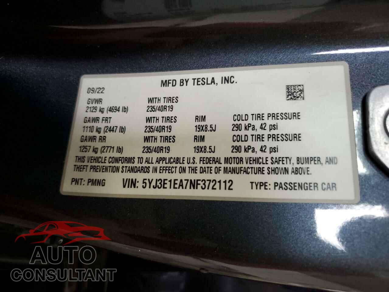 TESLA MODEL 3 2022 - 5YJ3E1EA7NF372112