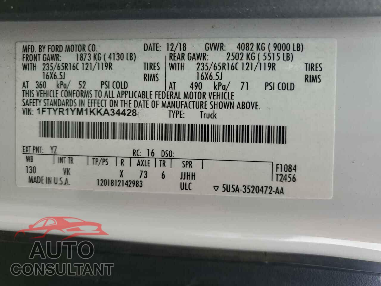 FORD TRANSIT 2019 - 1FTYR1YM1KKA34428