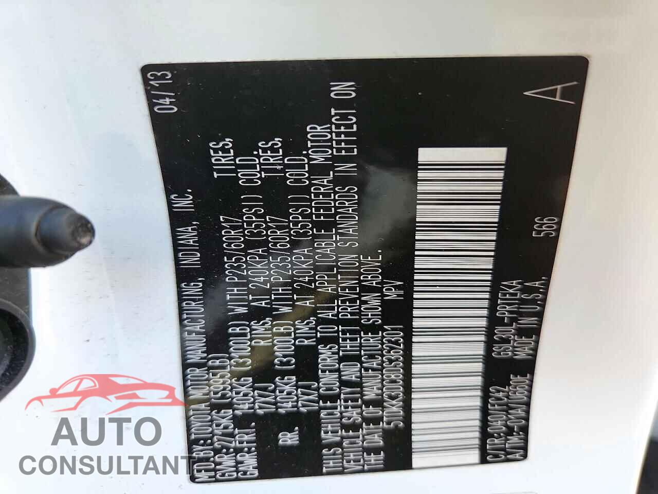 TOYOTA SIENNA 2013 - 5TDKK3DC8DS362301