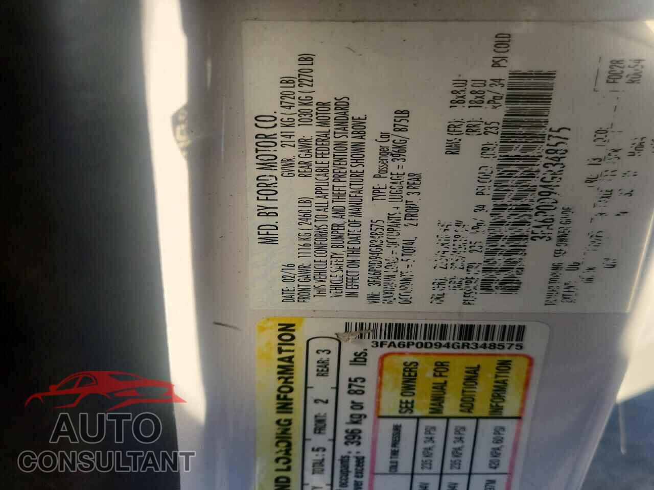 FORD FUSION 2016 - 3FA6P0D94GR348575