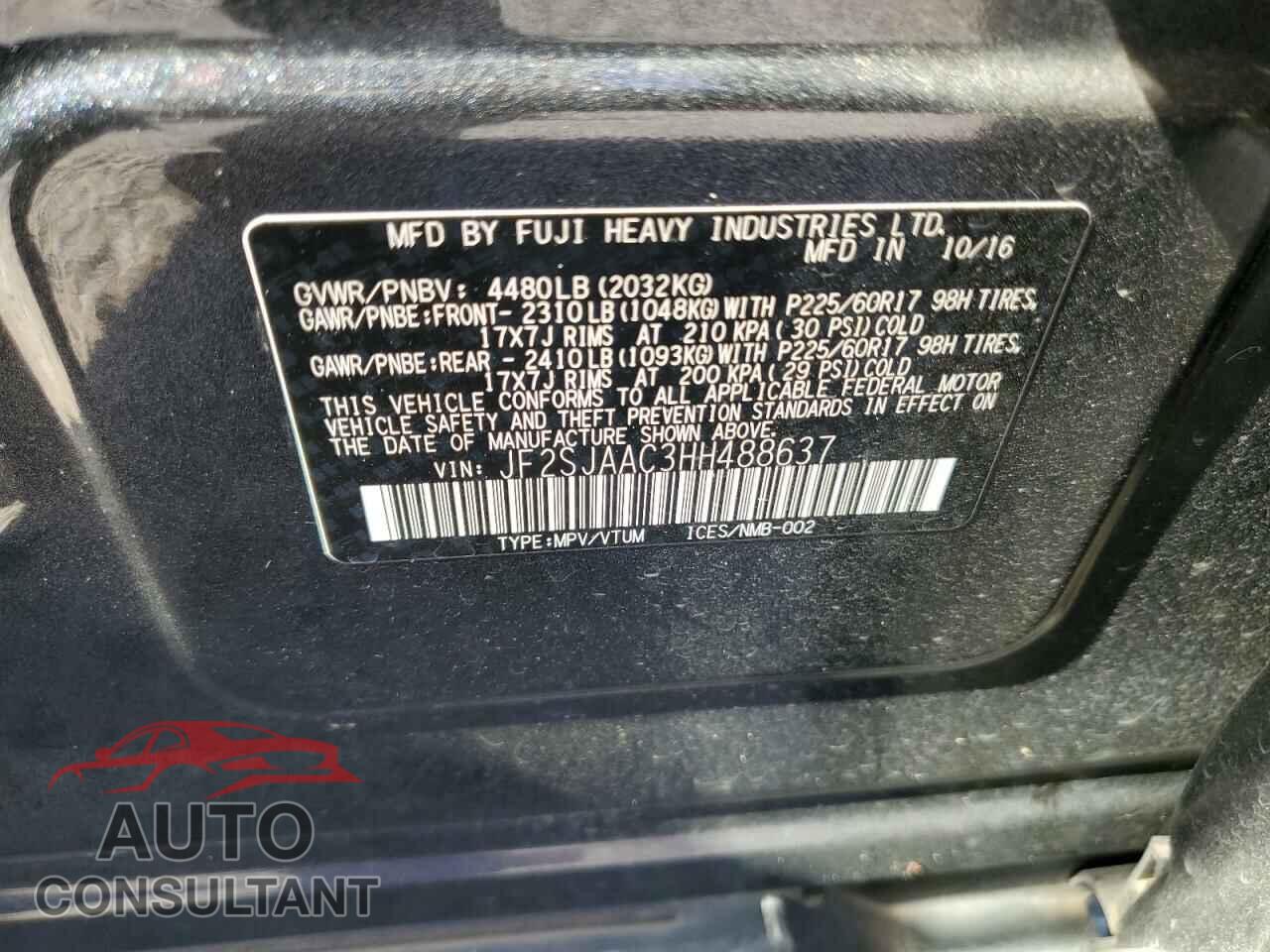 SUBARU FORESTER 2017 - JF2SJAAC3HH488637