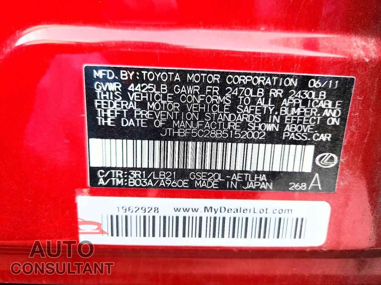 LEXUS IS 2011 - JTHBF5C28B5152002
