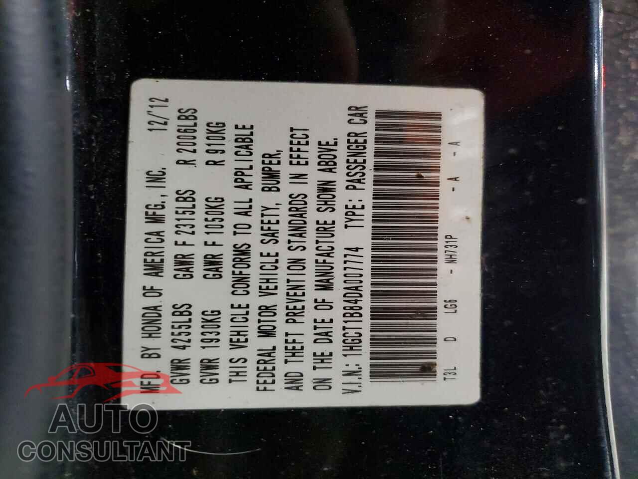 HONDA ACCORD 2013 - 1HGCT1B84DA007774