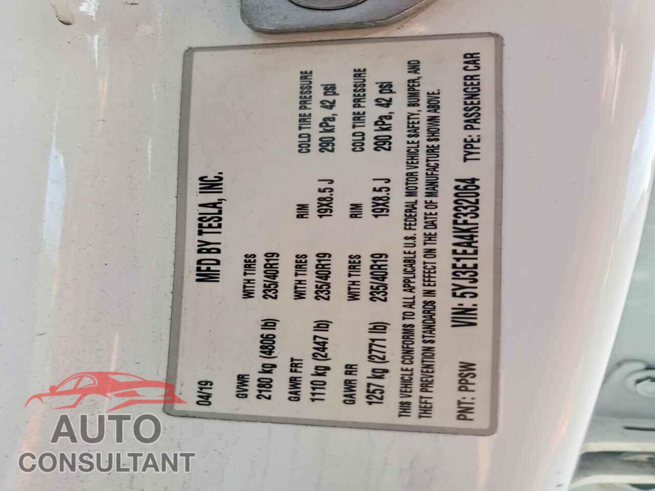 TESLA MODEL 3 2019 - 5YJ3E1EA4KF332064
