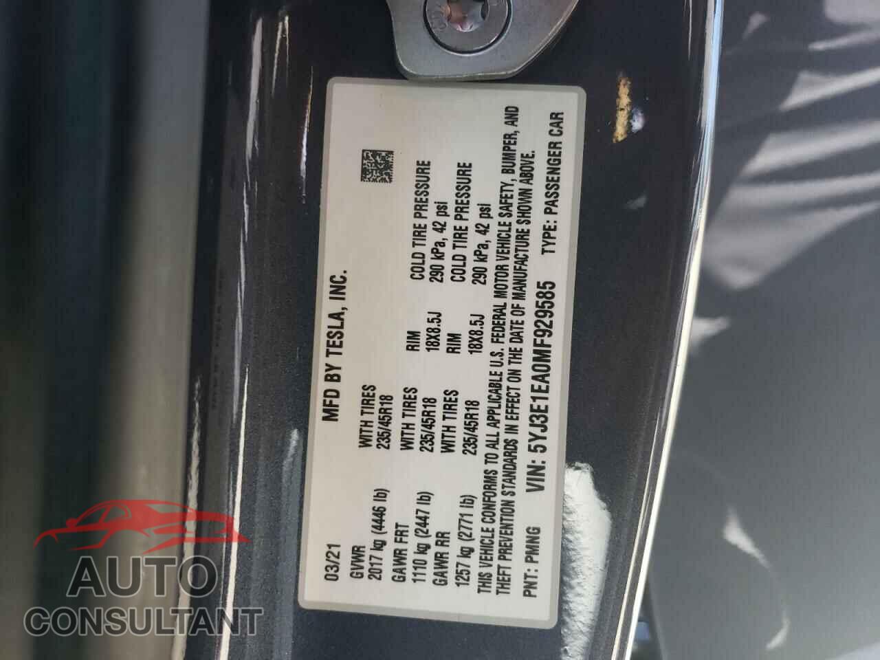 TESLA MODEL 3 2021 - 5YJ3E1EA0MF929585