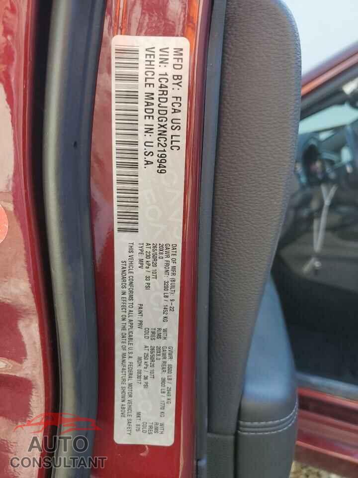 DODGE DURANGO 2022 - 1C4RDJDGXNC219949