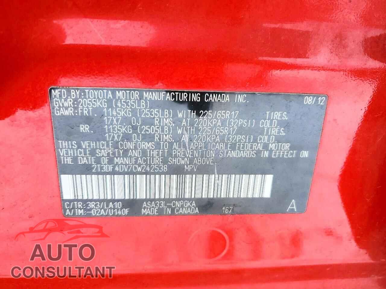 TOYOTA RAV4 2012 - 2T3DF4DV7CW242538