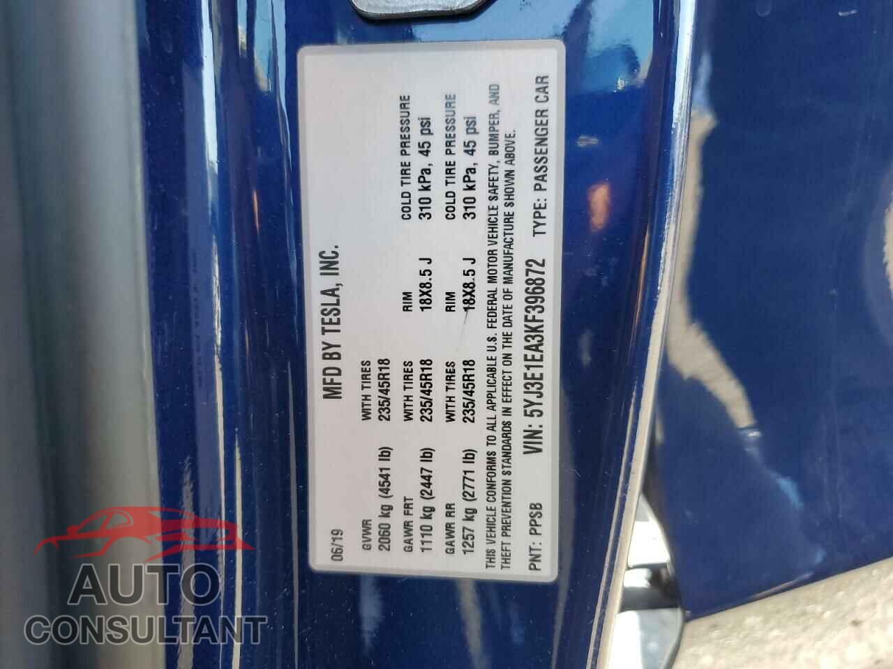 TESLA MODEL 3 2019 - 5YJ3E1EA3KF396872