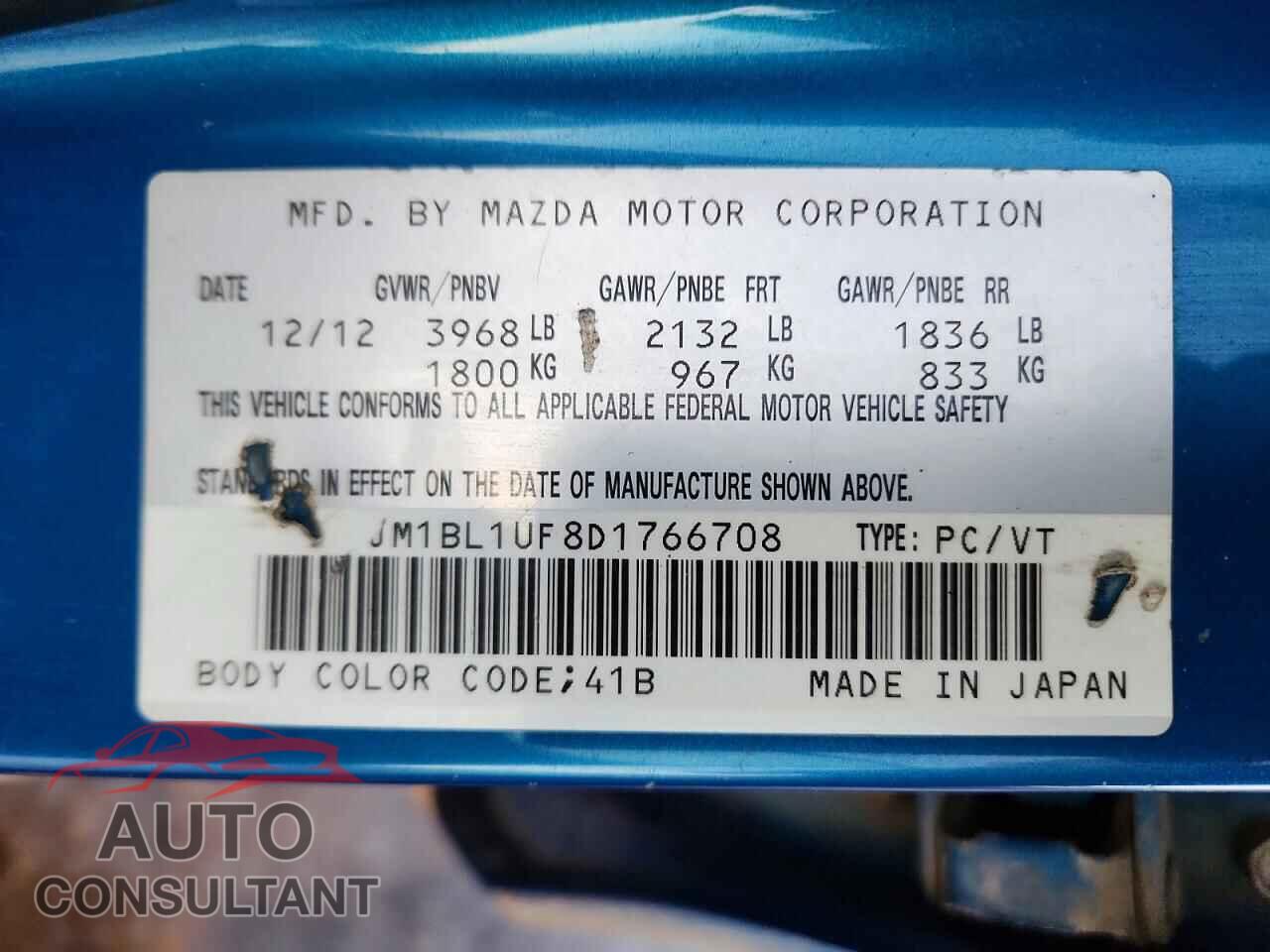 MAZDA 3 2013 - JM1BL1UF8D1766708
