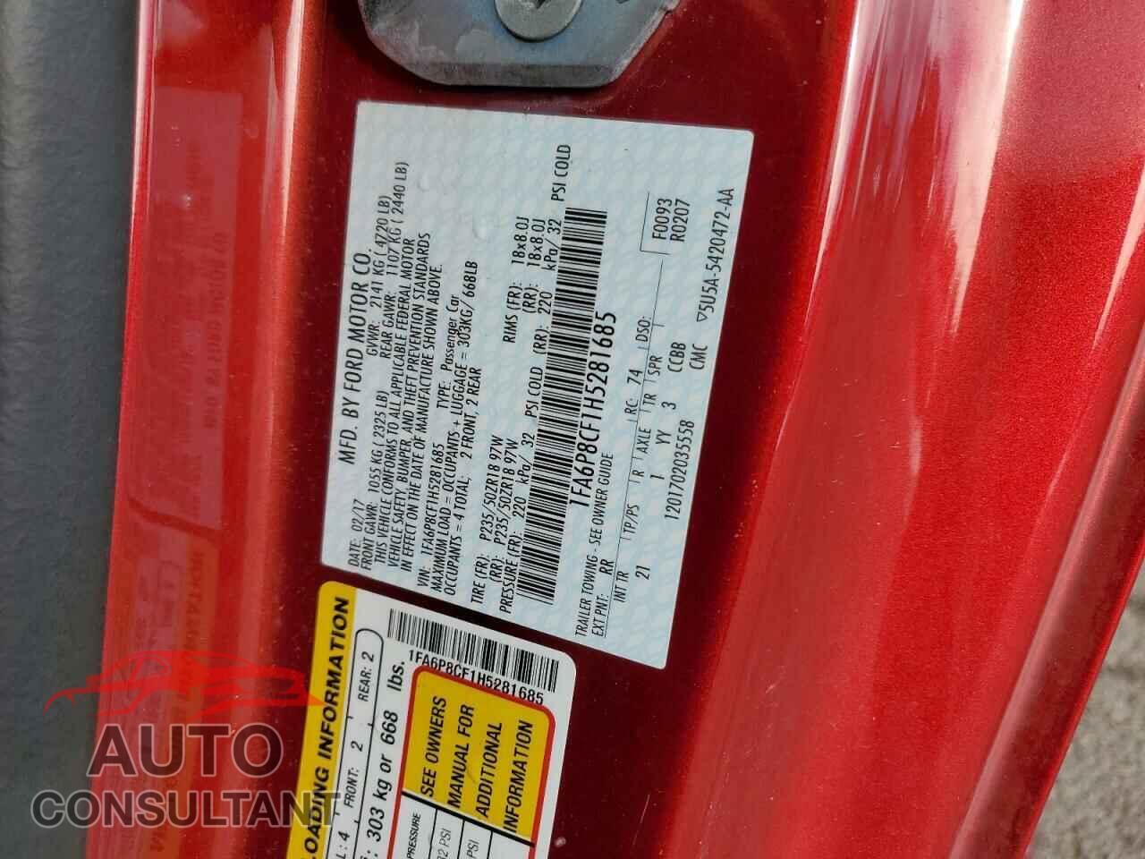 FORD MUSTANG 2017 - 1FA6P8CF1H5281685