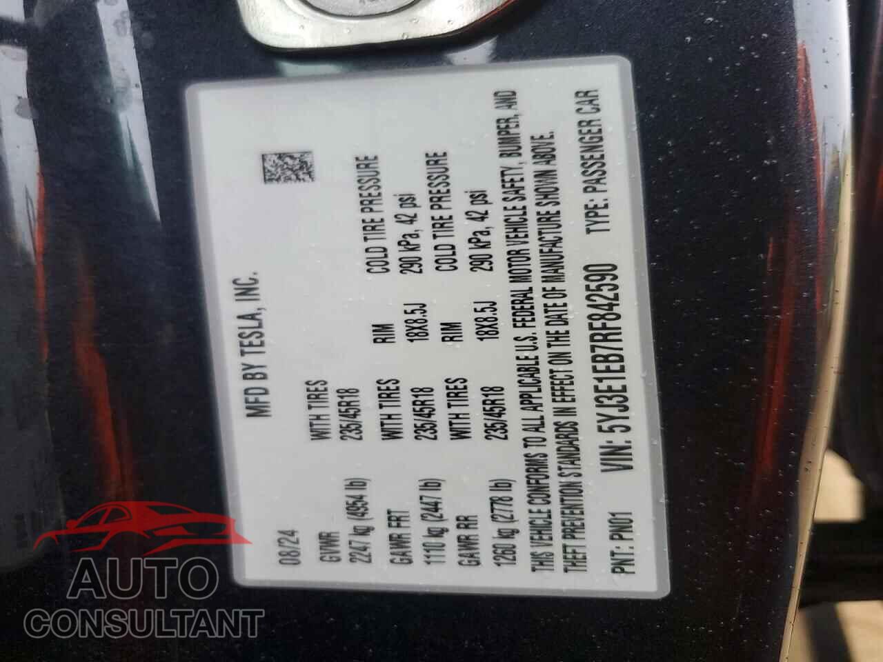 TESLA MODEL 3 2024 - 5YJ3E1EB7RF842590
