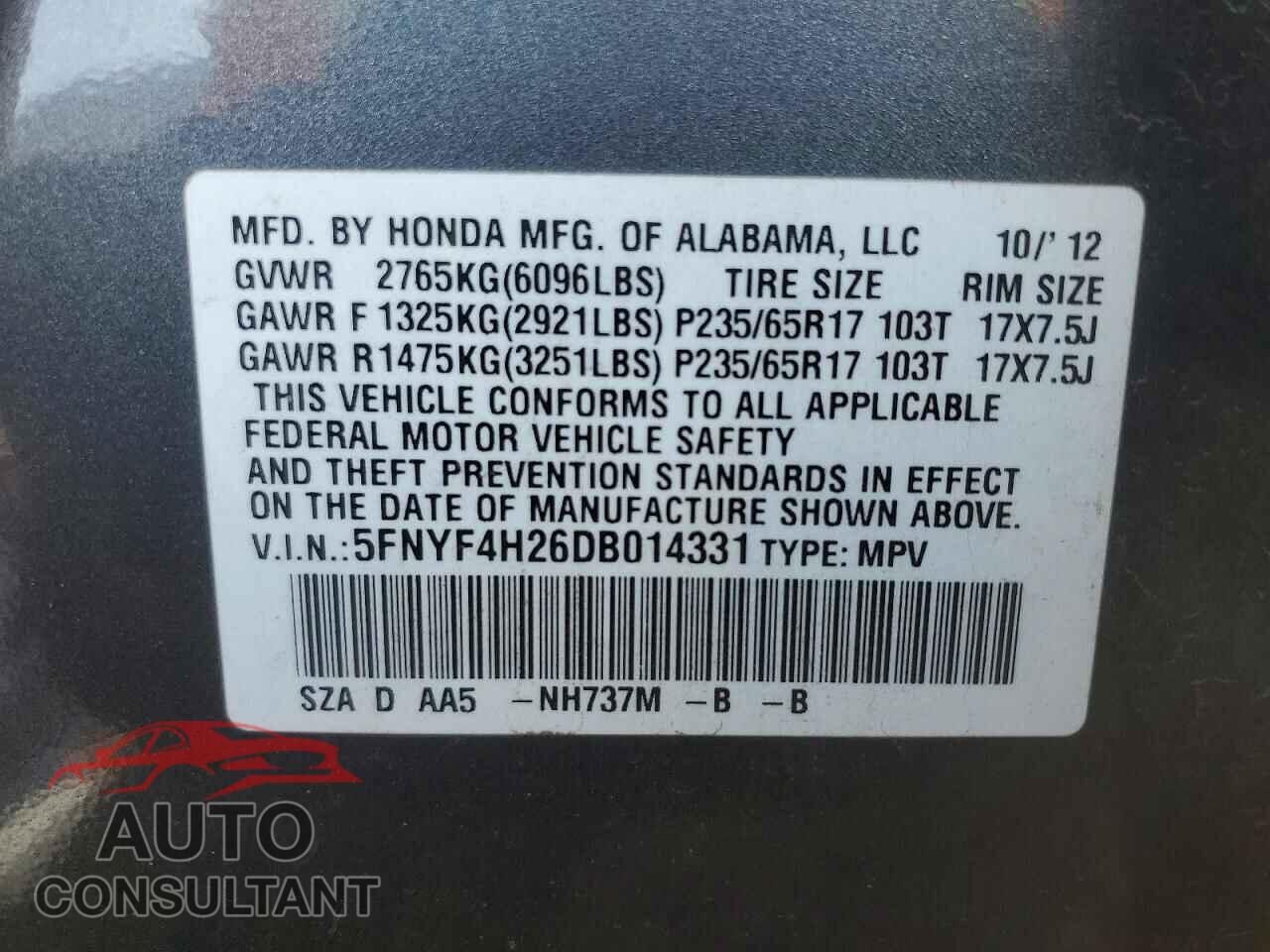 HONDA PILOT 2013 - 5FNYF4H26DB014331