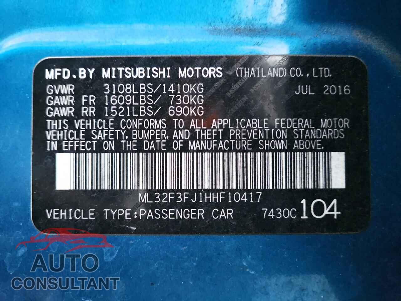 MITSUBISHI MIRAGE 2017 - ML32F3FJ1HHF10417